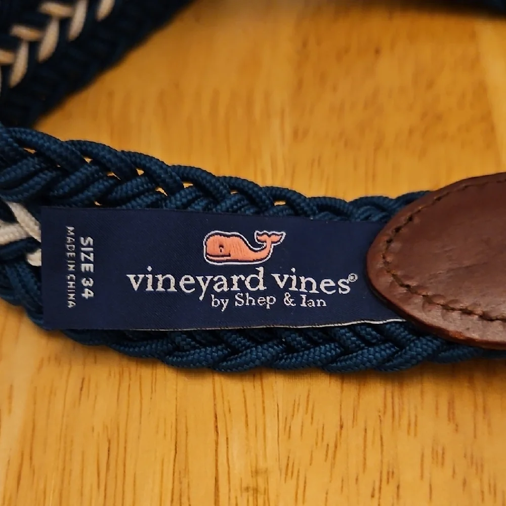 Vineyard Vines Teal and White Braided Belt with Brown Leather Accents